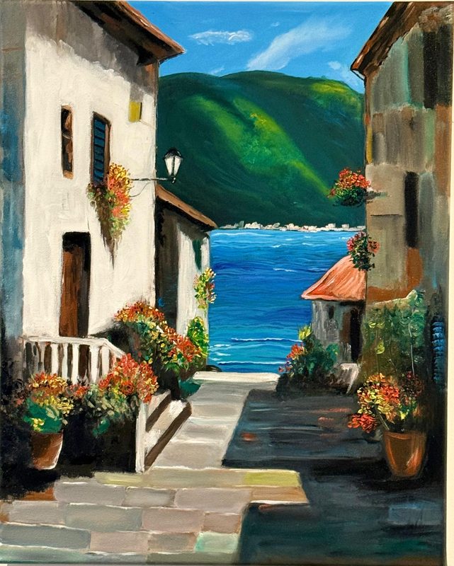 Steps to the Blue Bay by Deepti Dasika: Sunlit Mediterranean alley: white-washed houses, flower pots and a stone stair leading down to a deep-blue bay under green hills.
