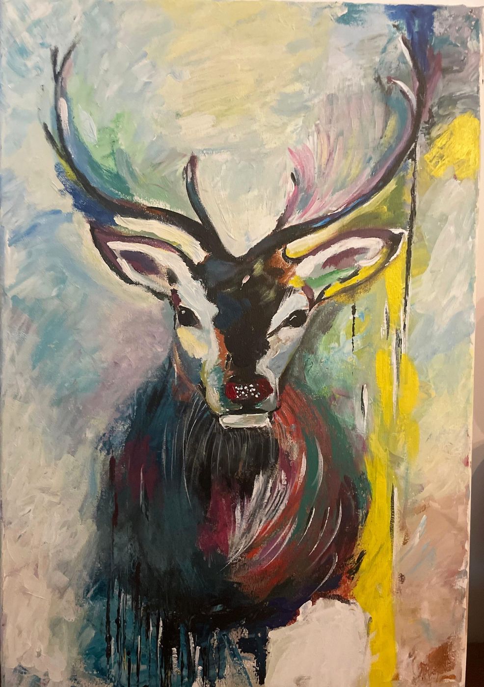 Wild Crown by Deepti Dasika: Expressive stag portrait in loose, dripping strokes of teal, plum, rose and a bright yellow band on a pale ground.