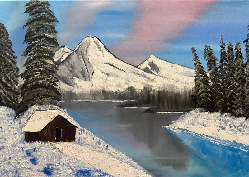 Still Water, Silent Peak by Deepti Dasika: Winter lake: snowy peak and dark pines mirrored in still water under a blue-pink sky, a small cabin on the snowy shore; palette-knife texture.