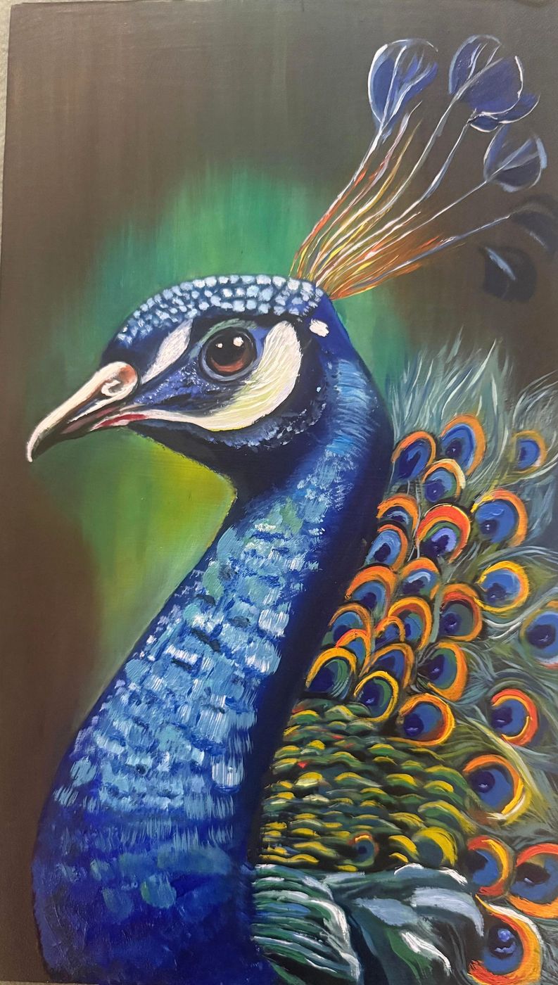Jewel of the Monsoon by Deepti Dasika: Peacock portrait in jewel blues and iridescent eye-feathers against a dark ground with a green glow.