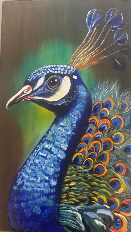 Jewel of the Monsoon by Deepti Dasika: Peacock portrait in jewel blues and iridescent eye-feathers against a dark ground with a green glow.
